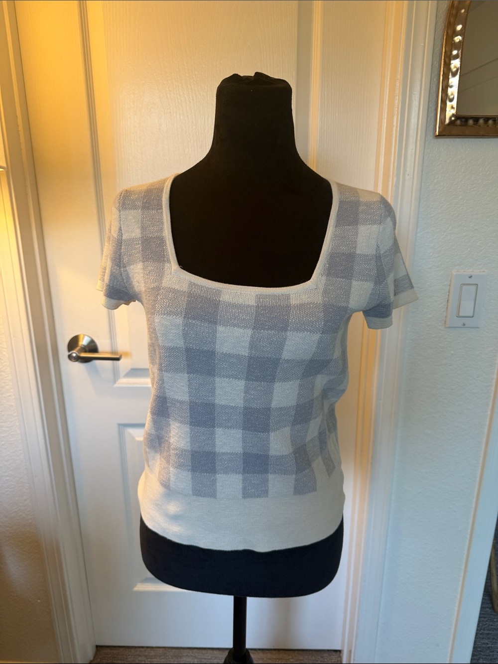 Madewell Light Blue and Cream Checked Square Neck Knit Top